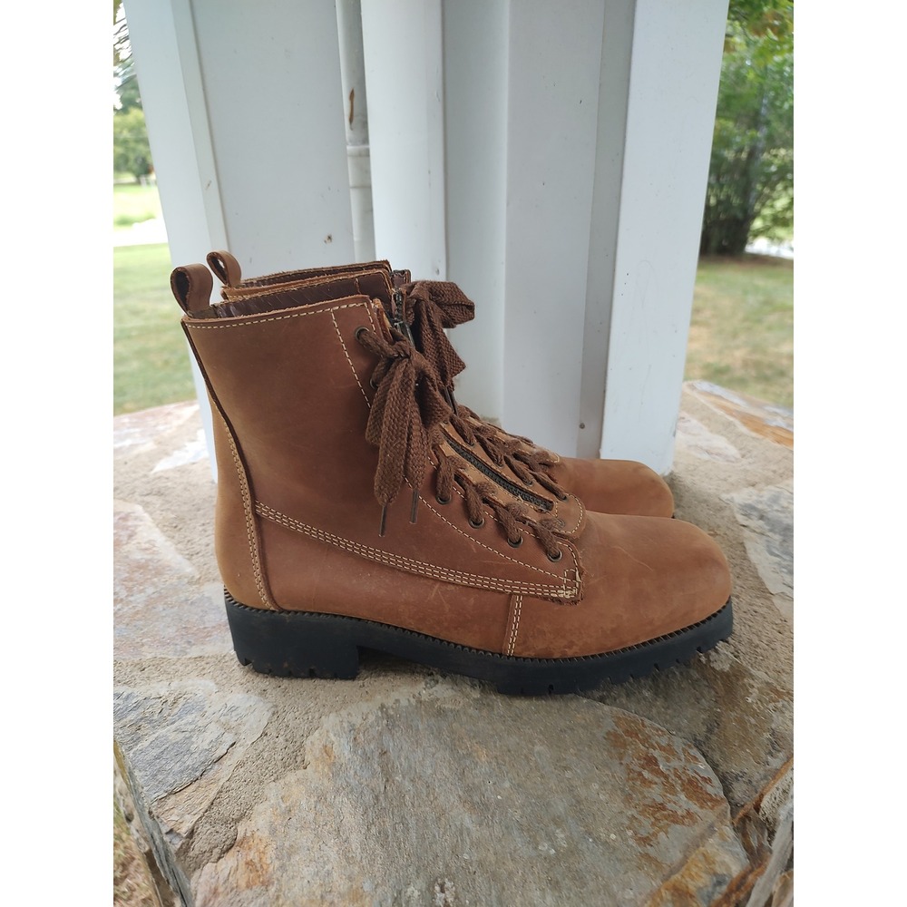 9 & Co Nine West Vintage Tan Leather Lug Sole Combat Boots Zipper Lace Up 9M